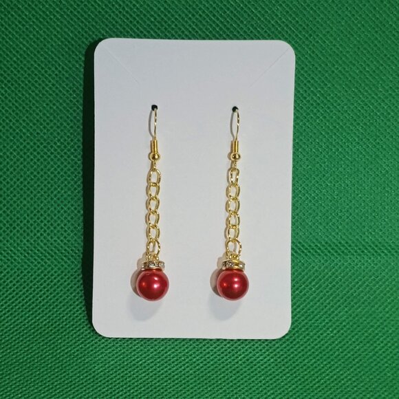 Red Christmas Ball Long Drop Earring on Gold Plated Chain Hand crafted - Picture 4 of 4